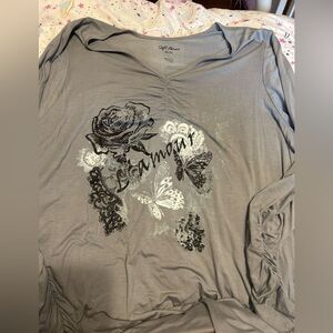 NWT Soft Focus Gray Graphic Blouse with Black Floral Design